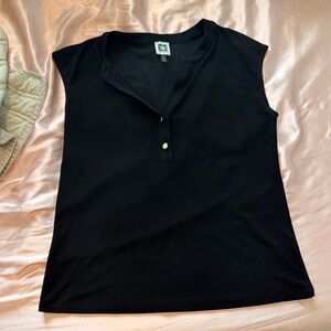 Anne Klein Black Sleeveless Henley Tank with Gold Buttons
